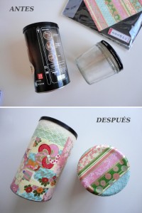 Bote y tapa reciclados con papel japonés y decoupage