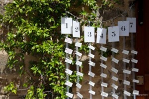 DIY etiquetas papel colgante para mostrar mesas invitados boda en restaurante